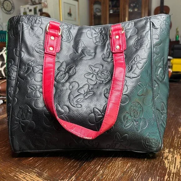 Loungefly Disney Minnie Mouse Tote Bag Embossed Black Faux Leather Polka Dot Bow - Picture 2 of 13